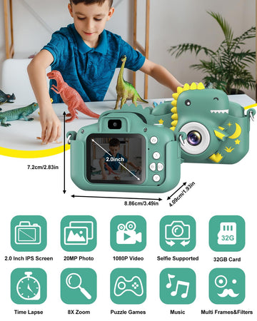 Greenkinder Kids Camera, Toddler Camera For Boys Girls, Toys Gifts For Christmas Birthday Boys Girls Kids 3-9 Year Old Digital Video Camera With 32Gb Tf Card