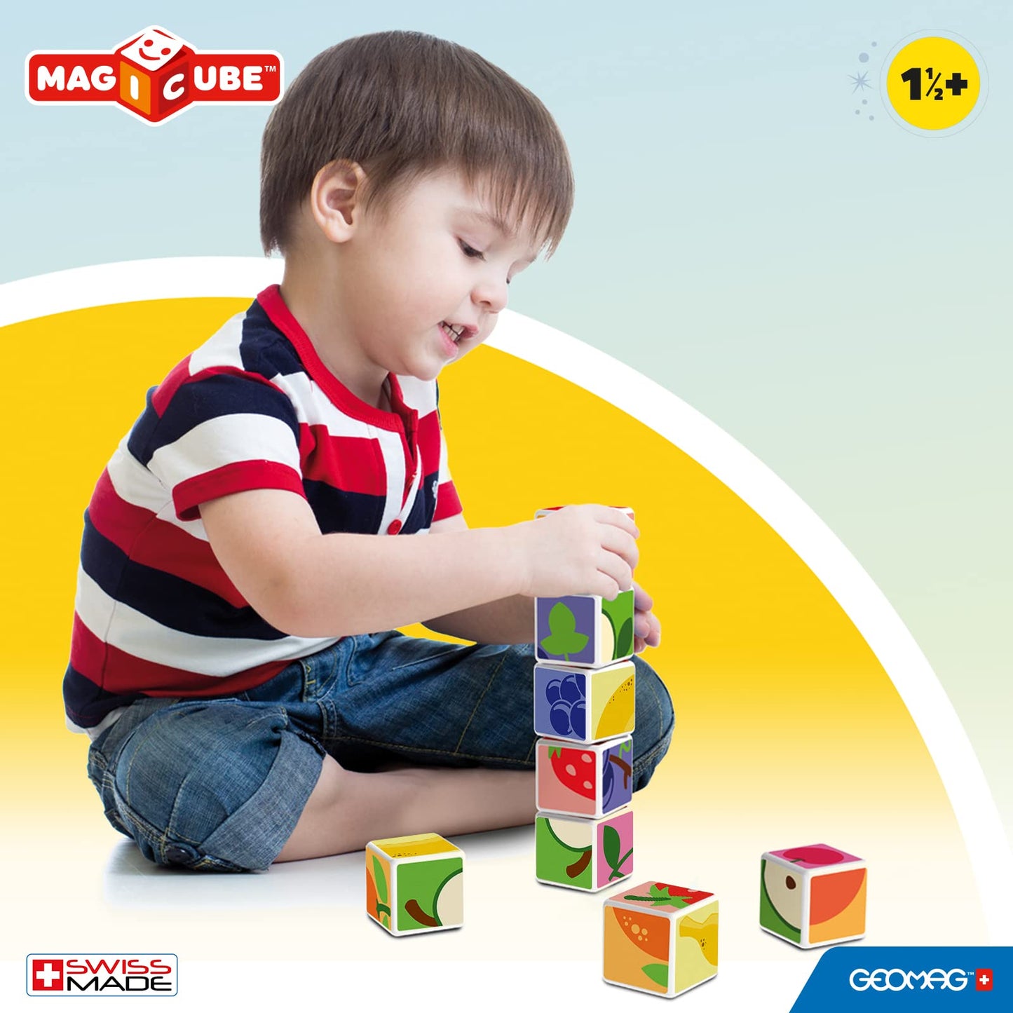 Geomag Magicube Fruit 4-Piece Magnetic Cubes Building Set, Toddlers & Kids Ages 1.5+, Stem-Endorsed Educational Toy, Swiss-Made, Creativity & Early Learning Fun, 6 Adorable Building Ideas