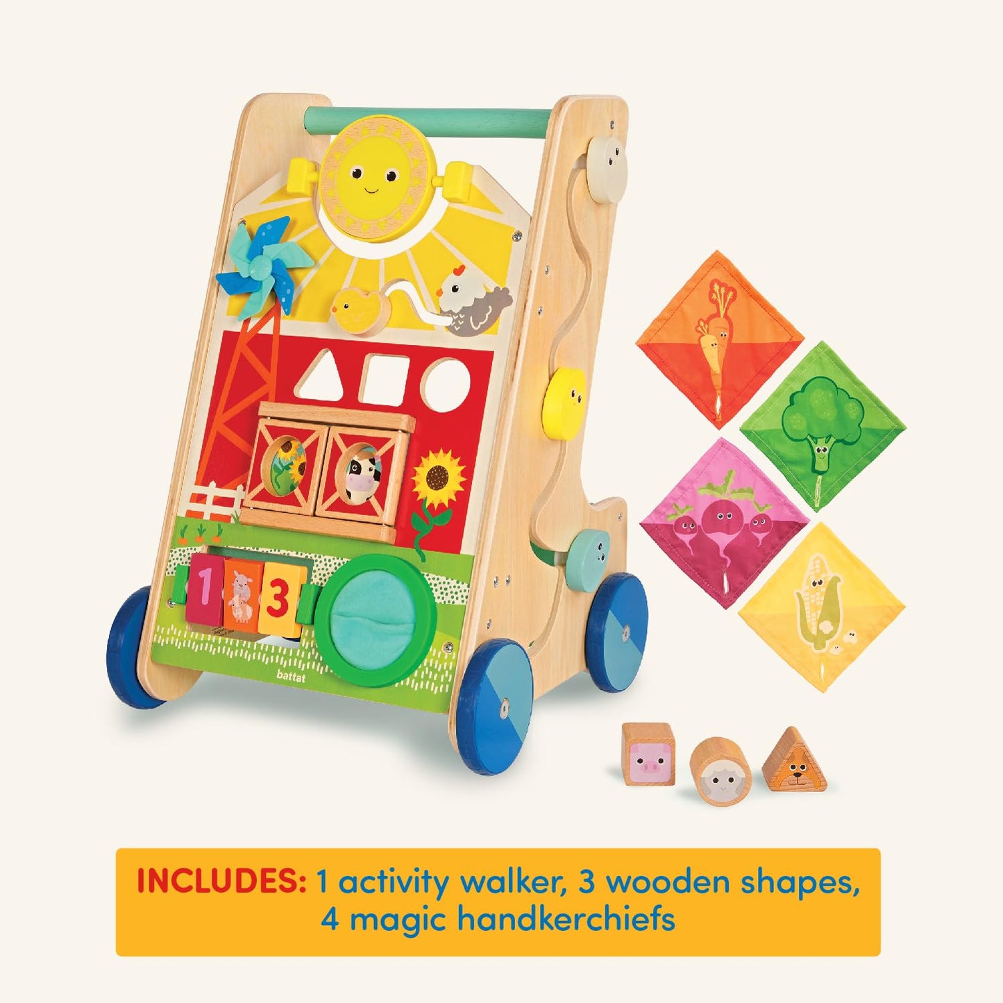 Battat Wooden Activity Walker - 9 Educational Activities - Learning & Walking Toy For Toddlers - Stand, Push, Walk - 1 Year + - Farm Theme