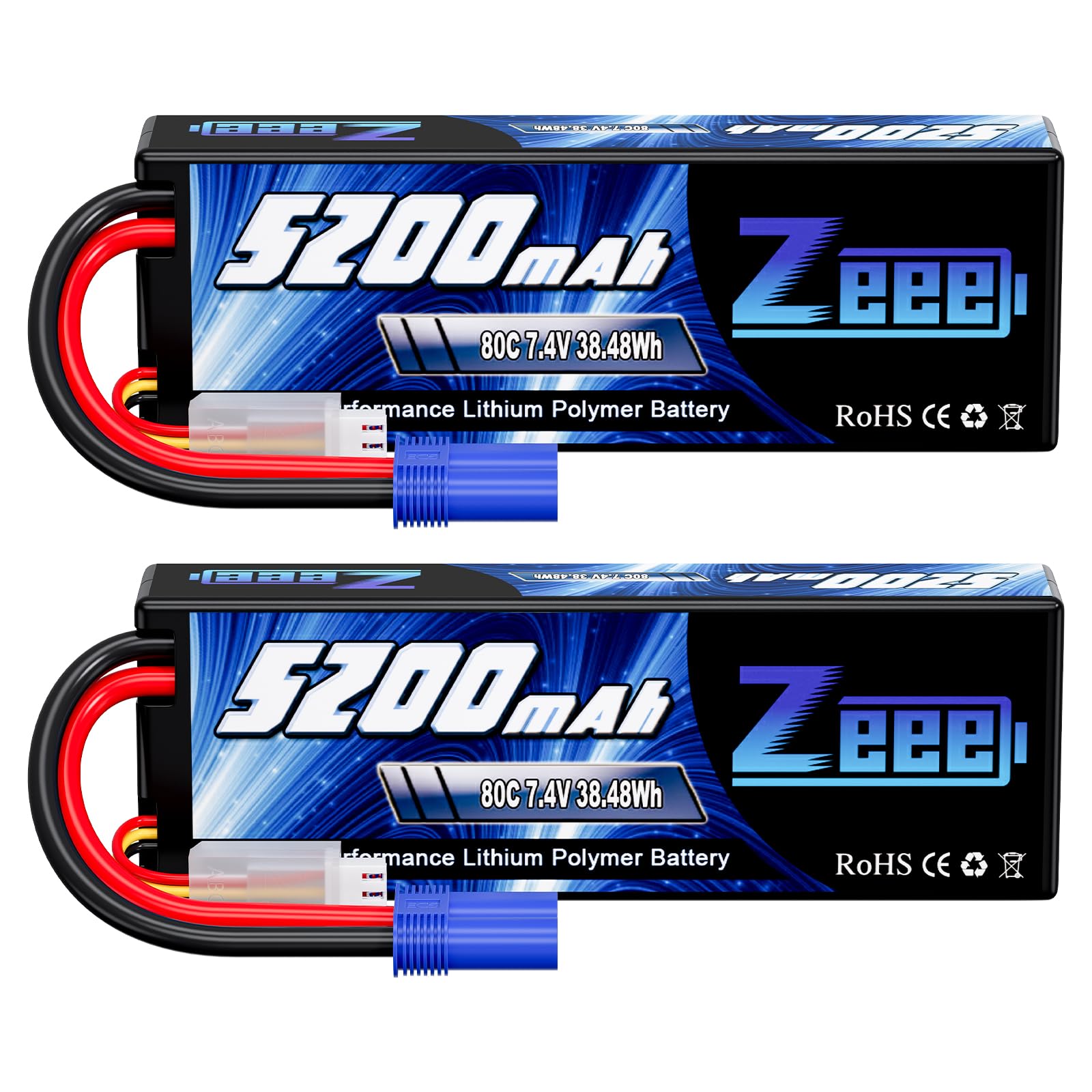 Zeee 2S Lipo Battery 7.4V 5200mAh 80C Hard Case Battery with EC5 Plug Compatible with 1/8 1/10 RC Vehicles Car Slash RC Buggy Tr