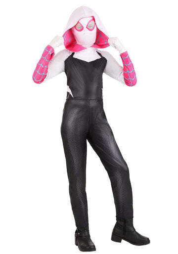 Marvel Spider-Gwen Official Youth Halloween Costume - Premium Quality Hooded Jumpsuit With Pull On Fabric Mask (Medium)