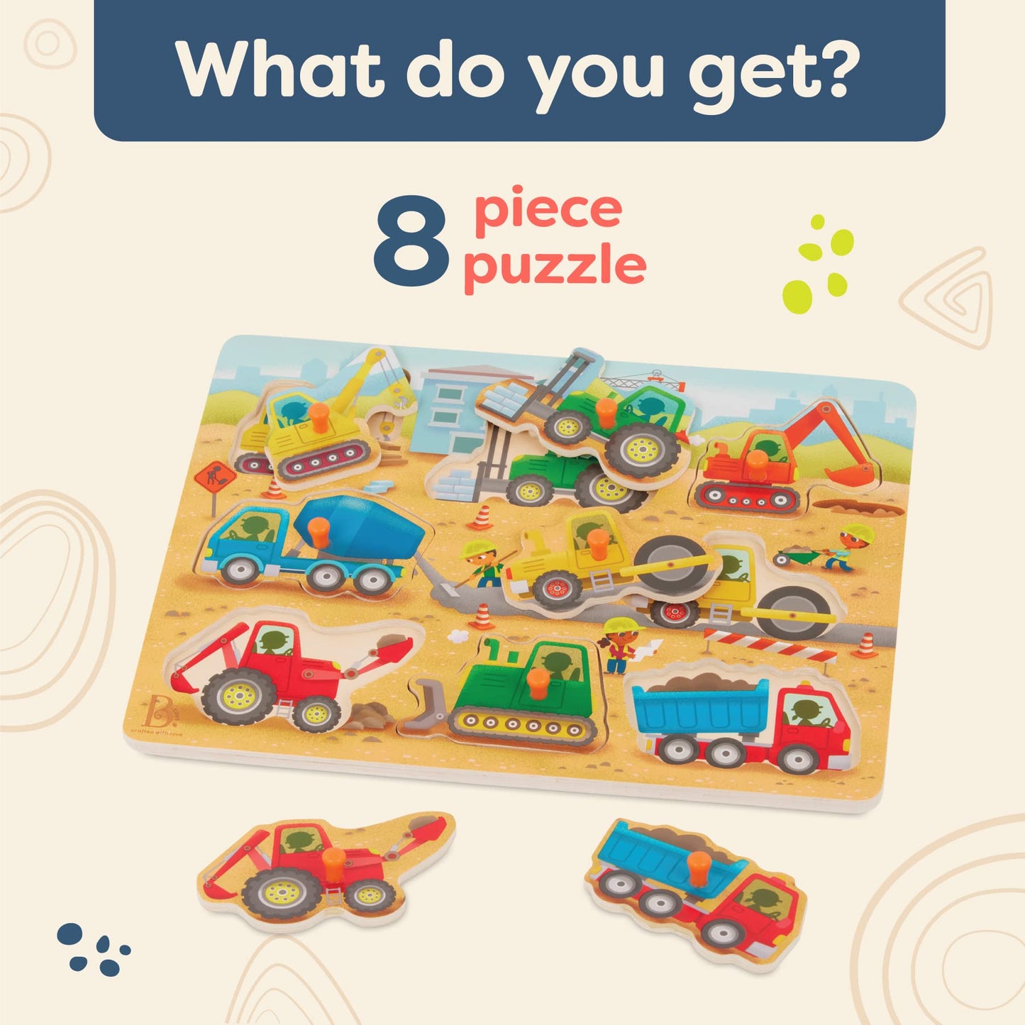 B. Toys- Peek & Explore - Construction Trucks- Wooden Peg Puzzle – Truck Puzzle For Toddlers, Kids – 8 Construction Truck Pieces – Dump Truck, Cement Mixer, Excavator & More – 2 Years +
