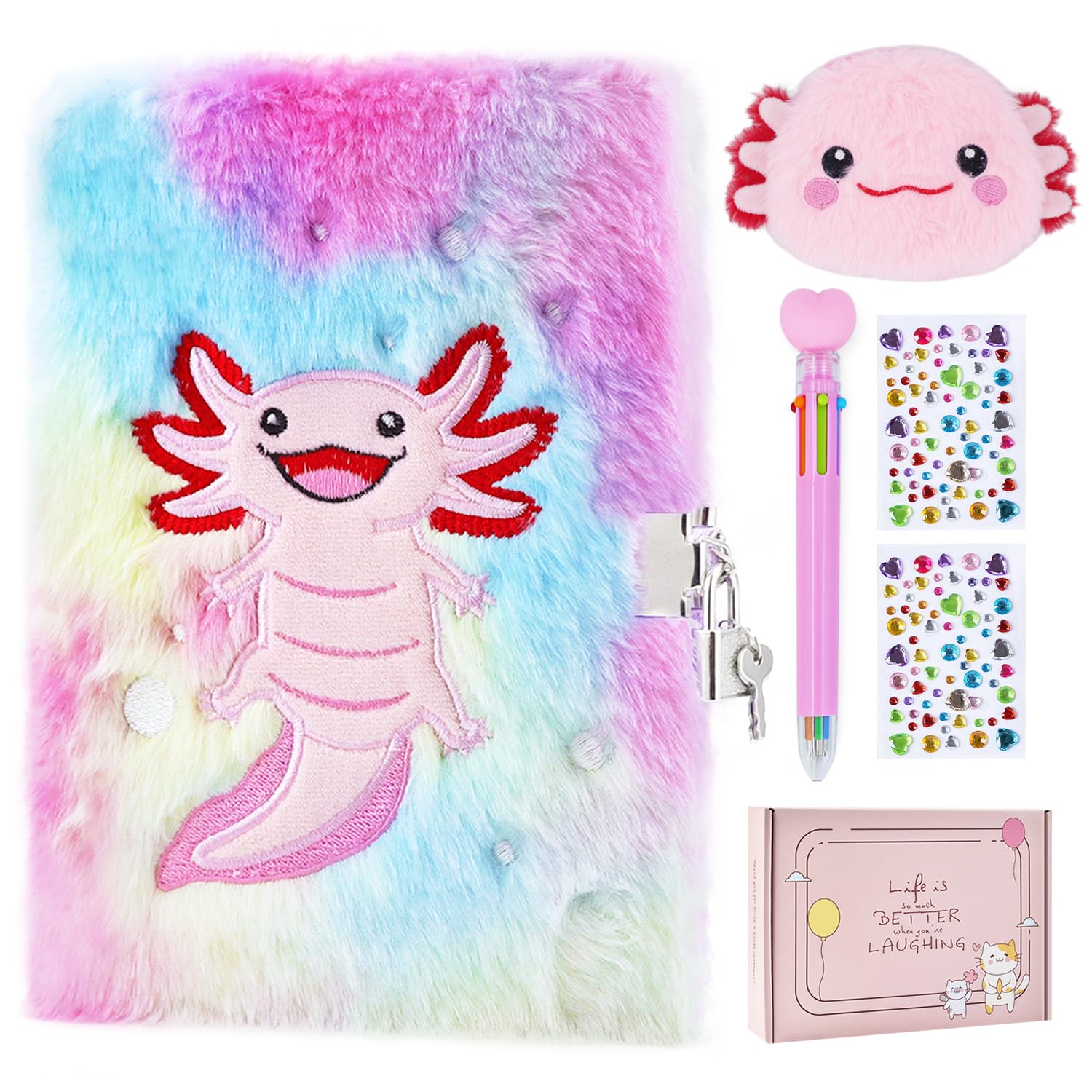 Pjdrllc Axolotl Diary With Lock, Gift For 8 9 10 Year Old Girl, Secret Diary Journal Notebook With Coin Purse, Multicolored Pen,