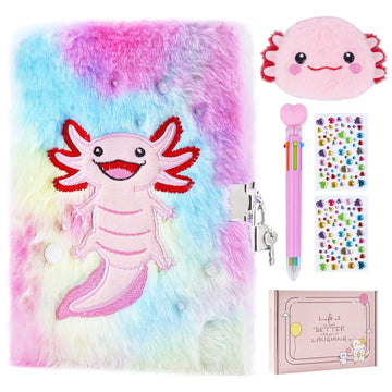 Pjdrllc Axolotl Diary With Lock, Gift For 8 9 10 Year Old Girl, Secret Diary Journal Notebook With Coin Purse, Multicolored Pen,