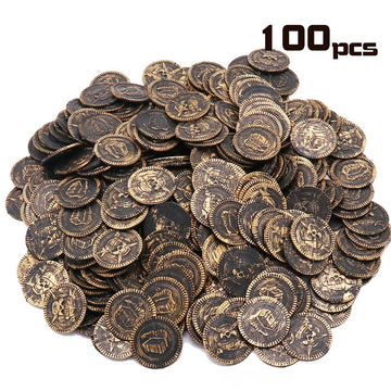 100 Pieces Plastic Pirate Gold Coins Set, Brown - Play Treasure Gold Coins for Pirate Themed Party, St. Patrick's Day, Treasure