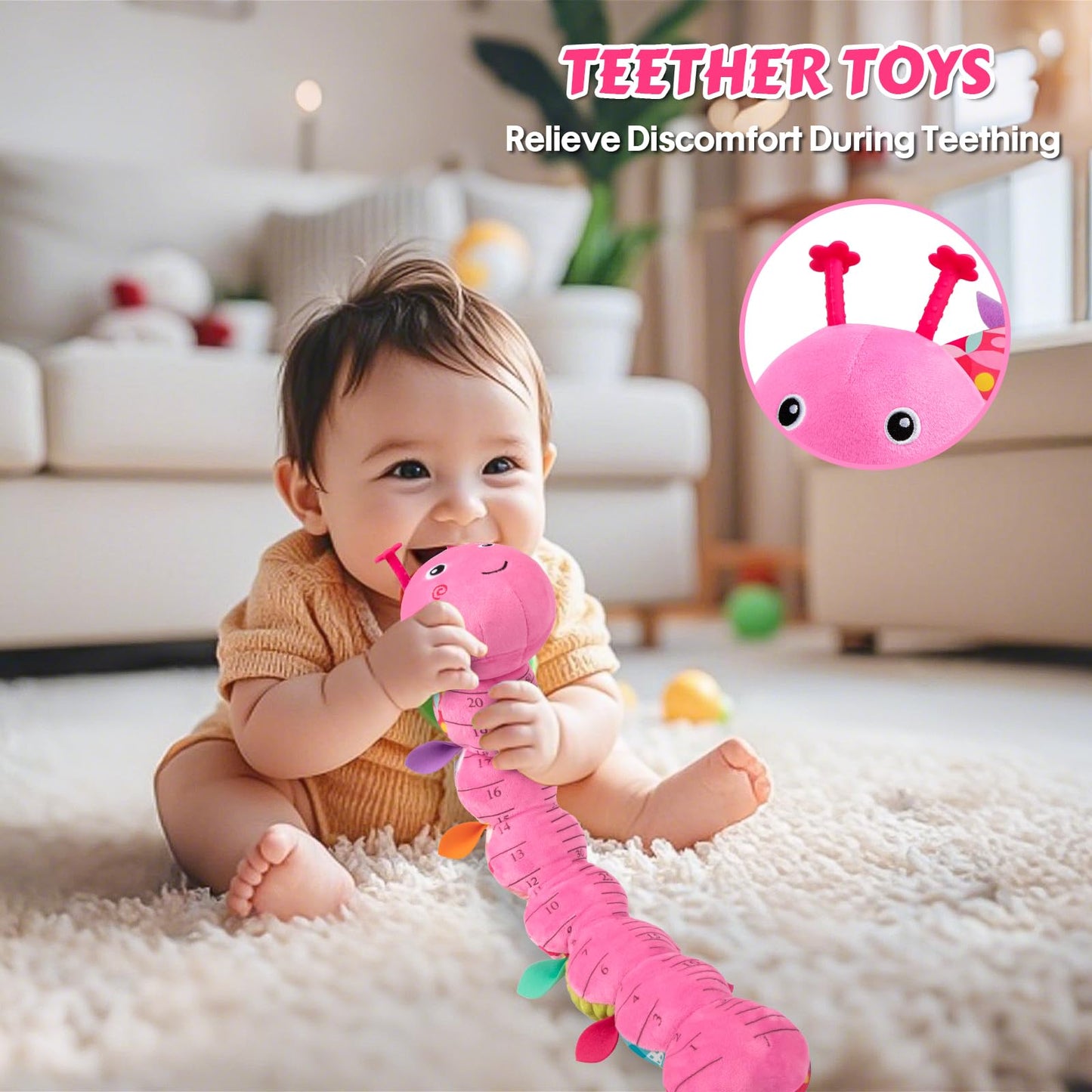 Baby Toys Musical Caterpillar  Infant Stuffed Animal for 0-6 6-12 Months with Crinkle and Rattles  Tummy Time Sensory Toys Newborn Boys Girls Gifts 0 3 6 9 12 Months - Pink