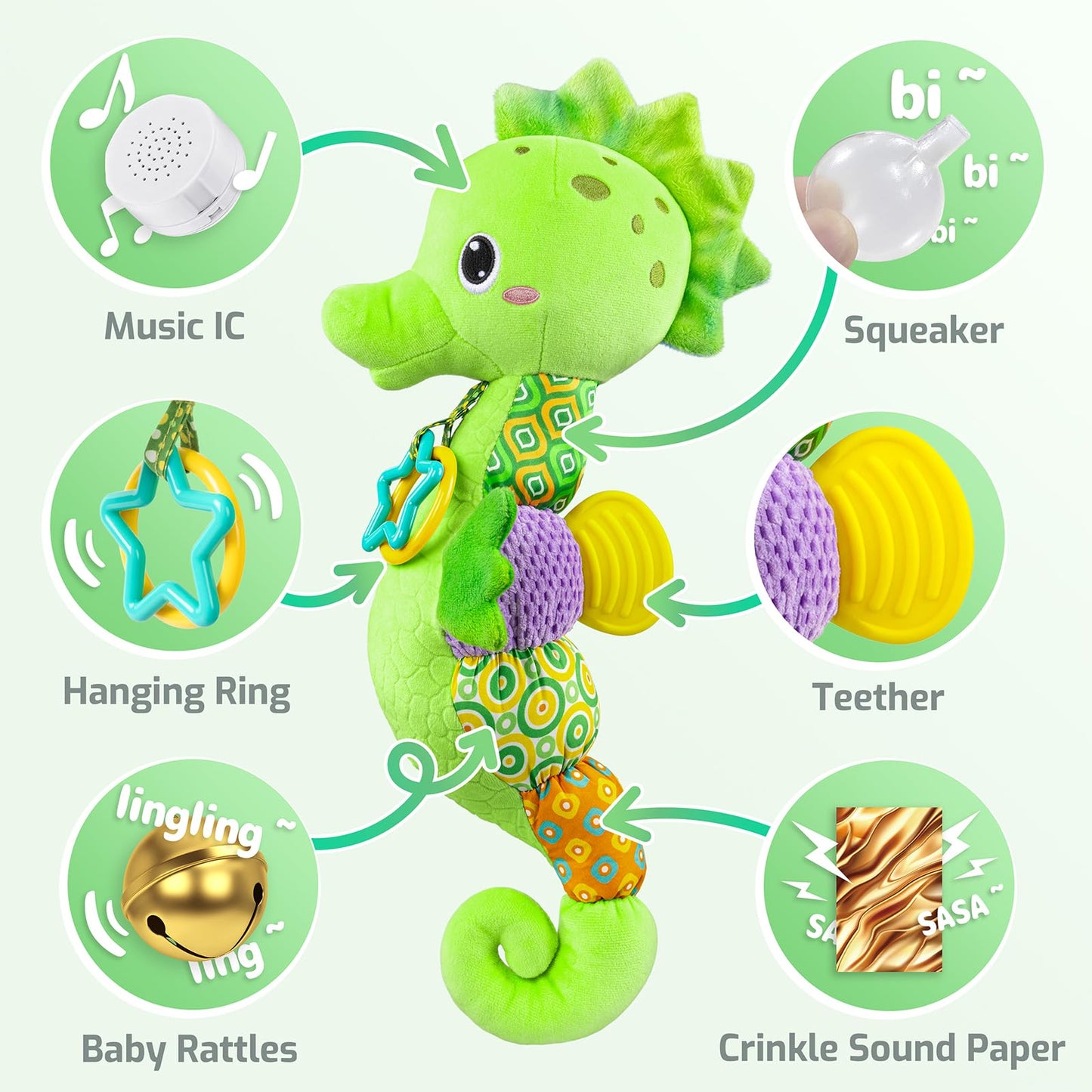 Sumobaby Infant Baby Musical Stuffed Animal Activity Soft Toys With Multi-Sensory Crinkle, Rattle And Textures, For Tummy Time Newborn 0-3-6-12 Months Boys, Girls, Seahorses, Green