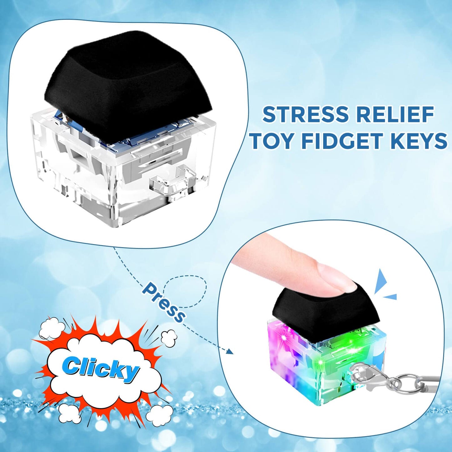 Keyboard Fidget Toys  Keyboard Fidget Keychain Keyboard Decompression Toys Keyboard Fidget Toy Button Stress Relief Gifts for mature-themed and Kids Finger Clicker Toys ADHD Toy Cool Fidgets(LED Light-Black)