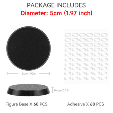 TITAWU 60PCS Miniature Bases+60PCS Adhesive, 50mm/1.97inch Textured Plastic Black Round Model Base for Gaming Miniatures or Warg