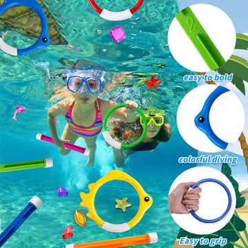 Yujun 18Pcs Pool Diving Swimming Toys, Summer Underwater Game Toys With Pool Fishes Dive Sticks Rings Gems Storage Bag For Kids Swim Birthday Party Favors