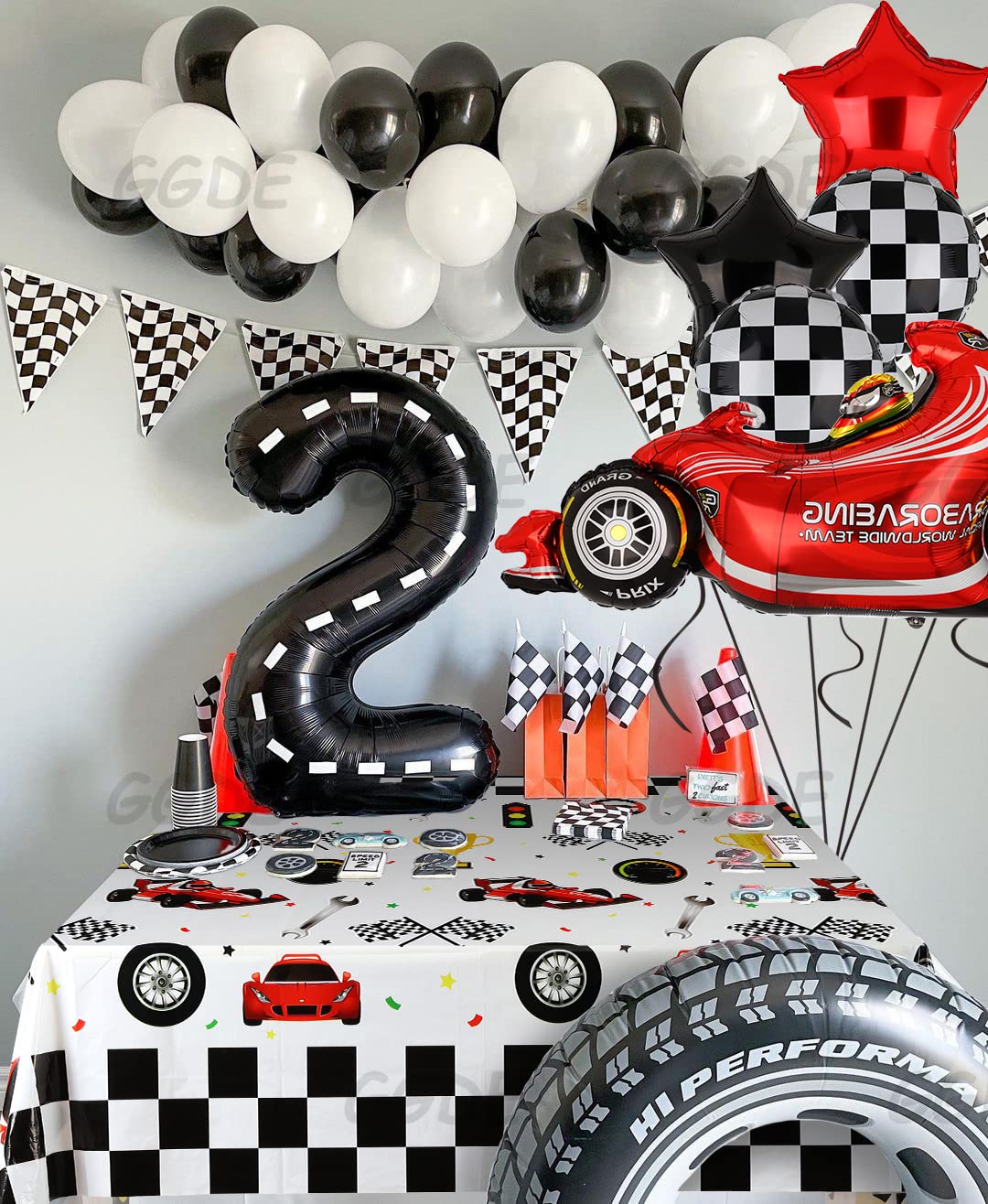 GGDE 2 Pcs Racing Car Plastic Table Cover Boys Birthday Car Theme Party Decorations Supplies White 2