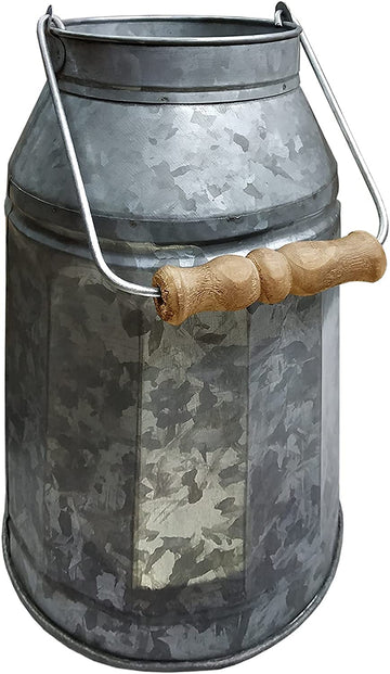 Vintage Galvanized Metal-Decorative Milk Pail w/ Wood Handle