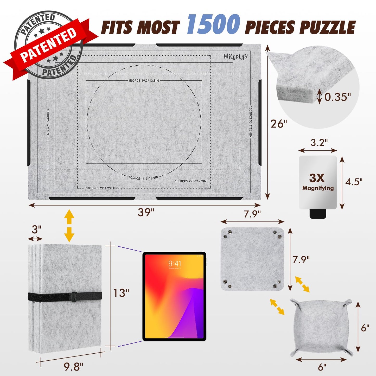 Miceplay Jigsaw Puzzle Board With 6 Sorting Trays, Foldable Puzzle Mat With Auxiliary Lines For Puzzle Storage Saver, 39'' X 26'