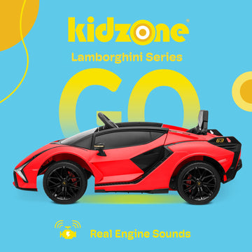 Kidzone Kids Electric Ride On 12V Licensed Lamborghini Sian Roadster Battery Powered Sports Car Toy With 2 Speeds, Parent Control, Sound System, Led Headlights & Hydraulic Doors - Red