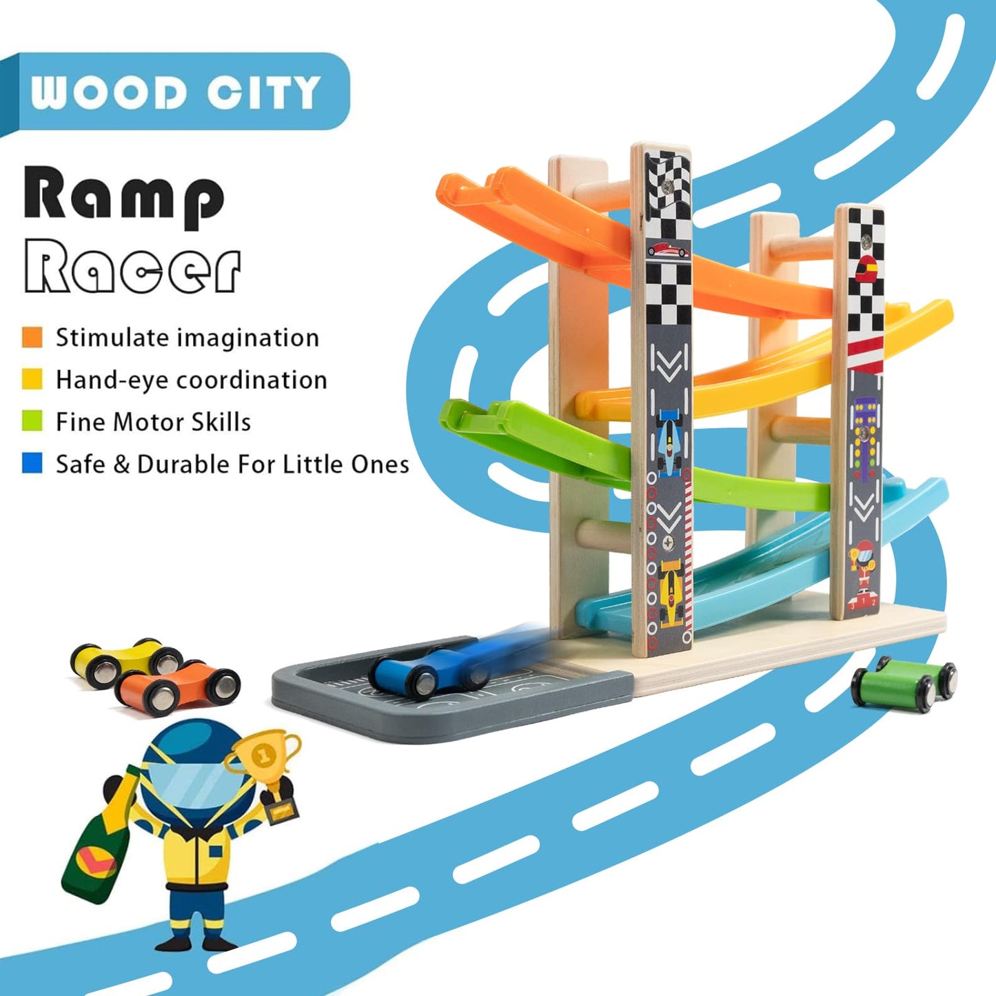 Wood City Toddler Toys for 3 4 5 Years Old, Wooden Car Ramp Racer Toy Vehicle Set with 4 Mini Cars & Race Tracks, Montessori Toy