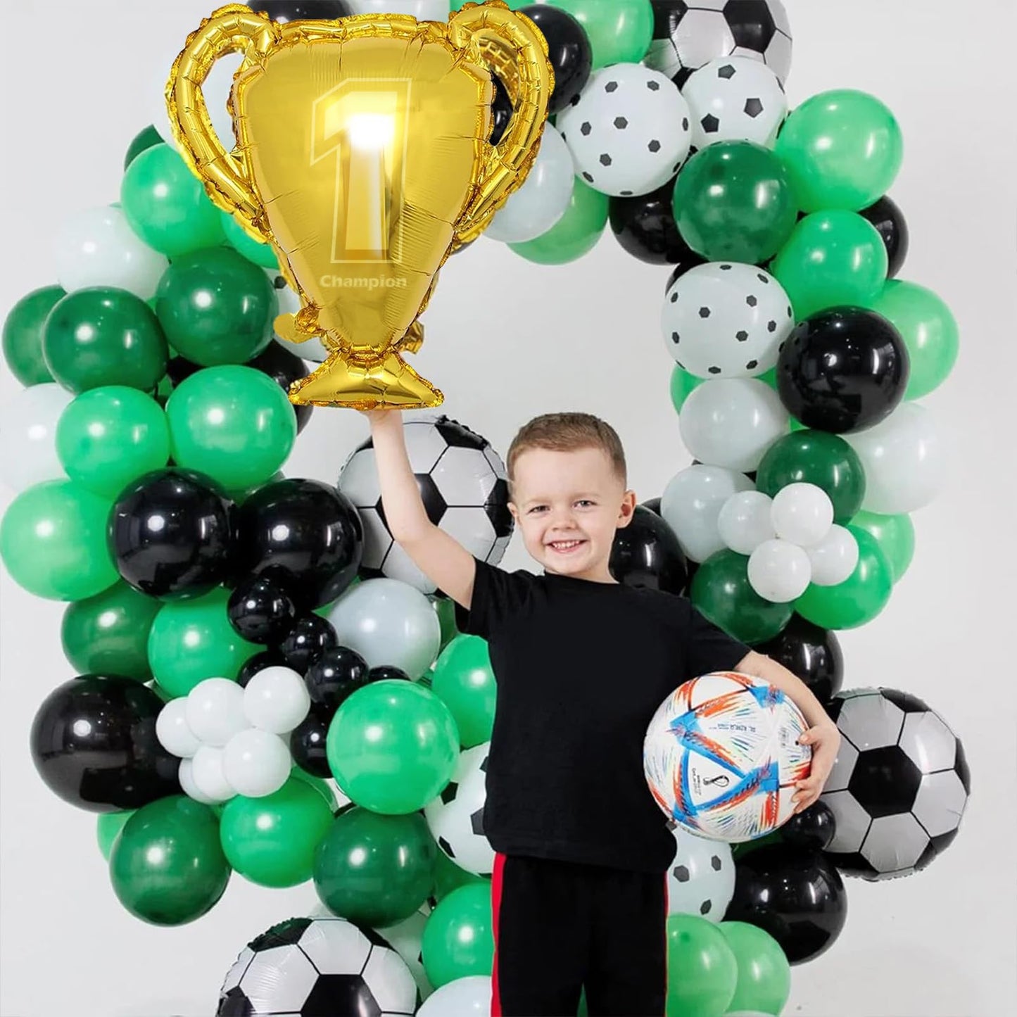 Soccer Balloon Arch Kit Boys, Green Balloon Arch Kit With Football Trophy Balloons Dark Green Black White Latex Balloons Metalli