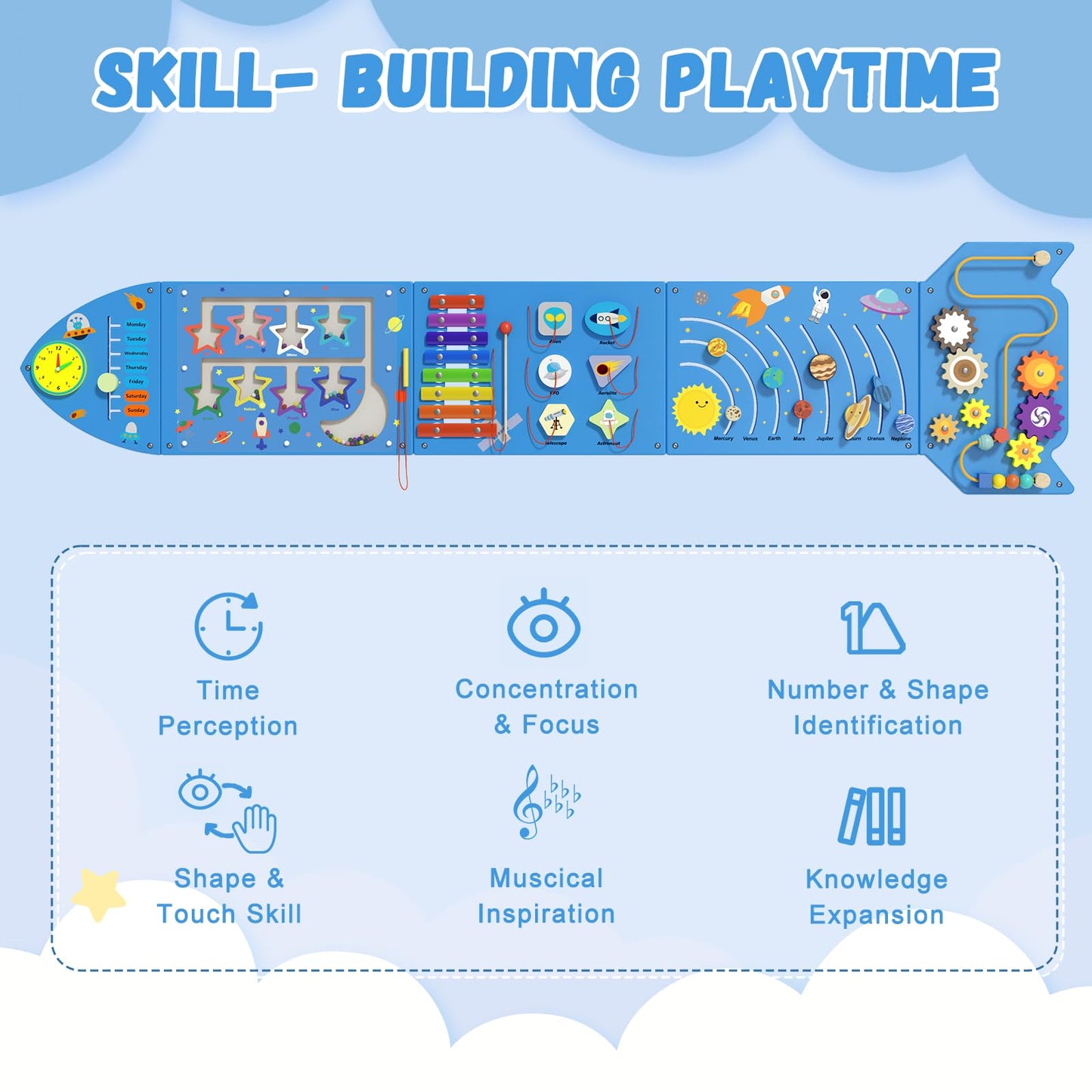 NIGWET Rocket Sensory Wall Panel - Montessori Toddler Activity Cube, Blue