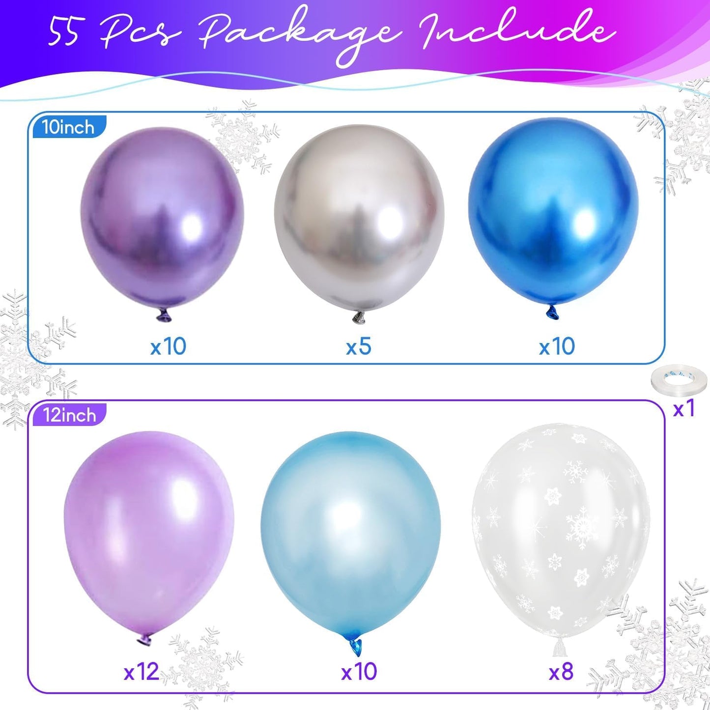 Jobkoo Frozen Balloons, 12 Inch Purple Blue Party Balloon Snowflake Balloons Metallic Silver Blue Purple Latex Helium Balloons F