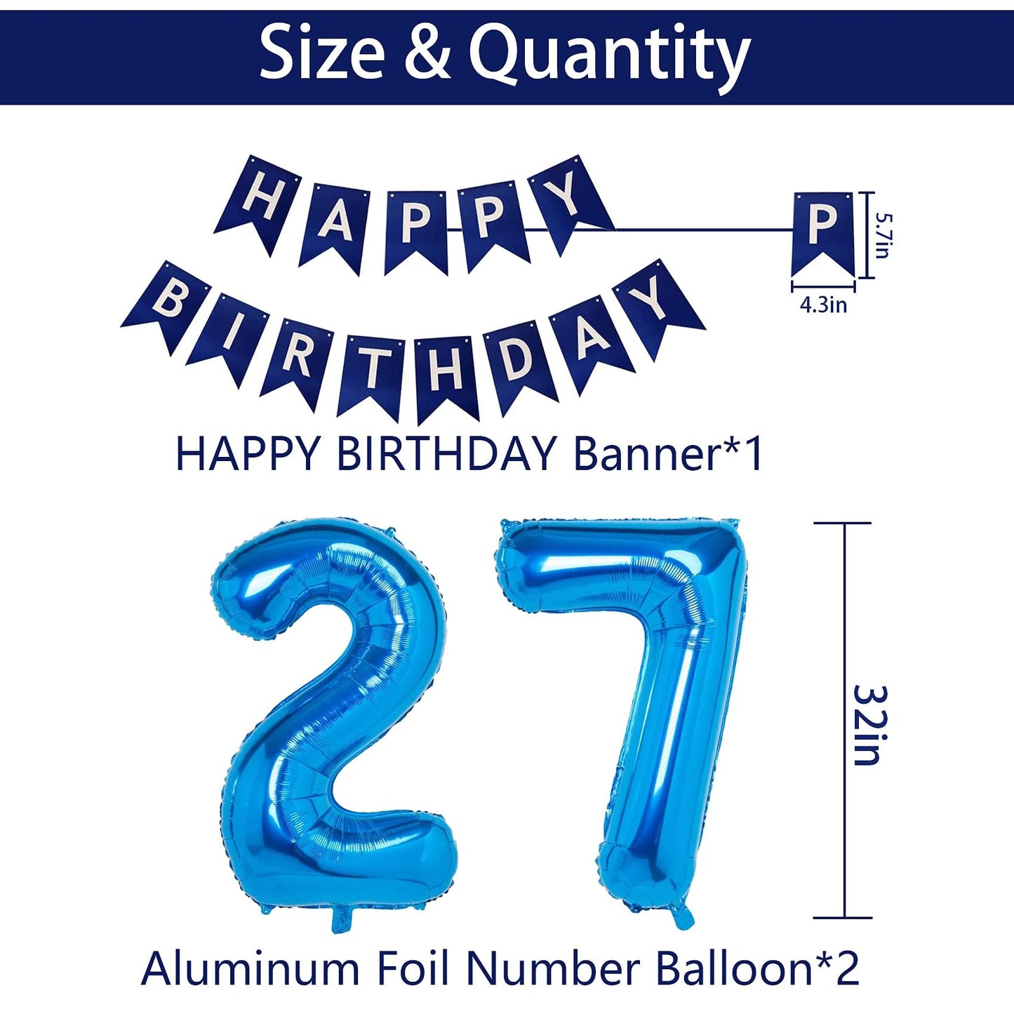 Naninuneno 27Th Blue Birthday Party Decorations For Boy Girl Men Women, Happy 27 Birthday Balloons Supplies With Happy Birthday