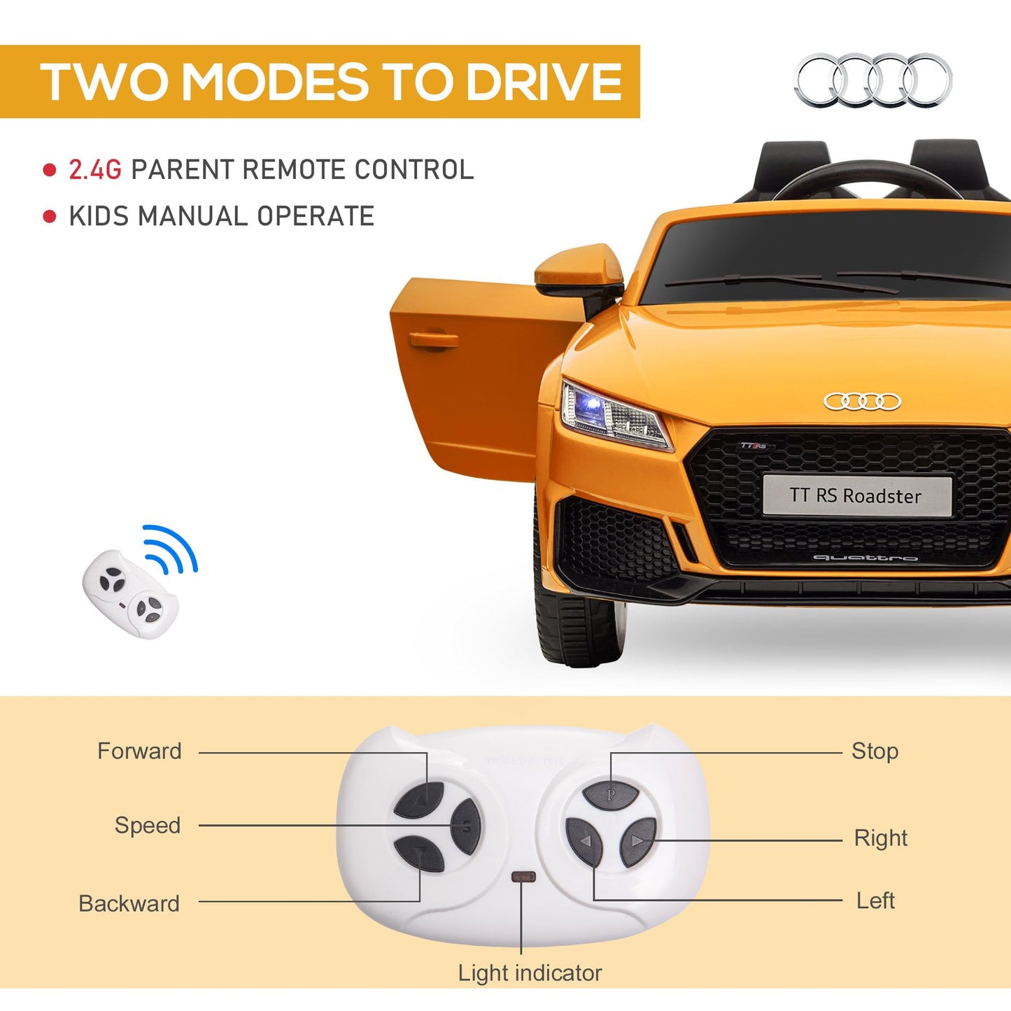Aosom 6V Kids Electric Ride On Car, Licensed Audi Tt Rs With Suspension System And Remote Control, Horn, 5 Songs, Lights, Mp3 Pl