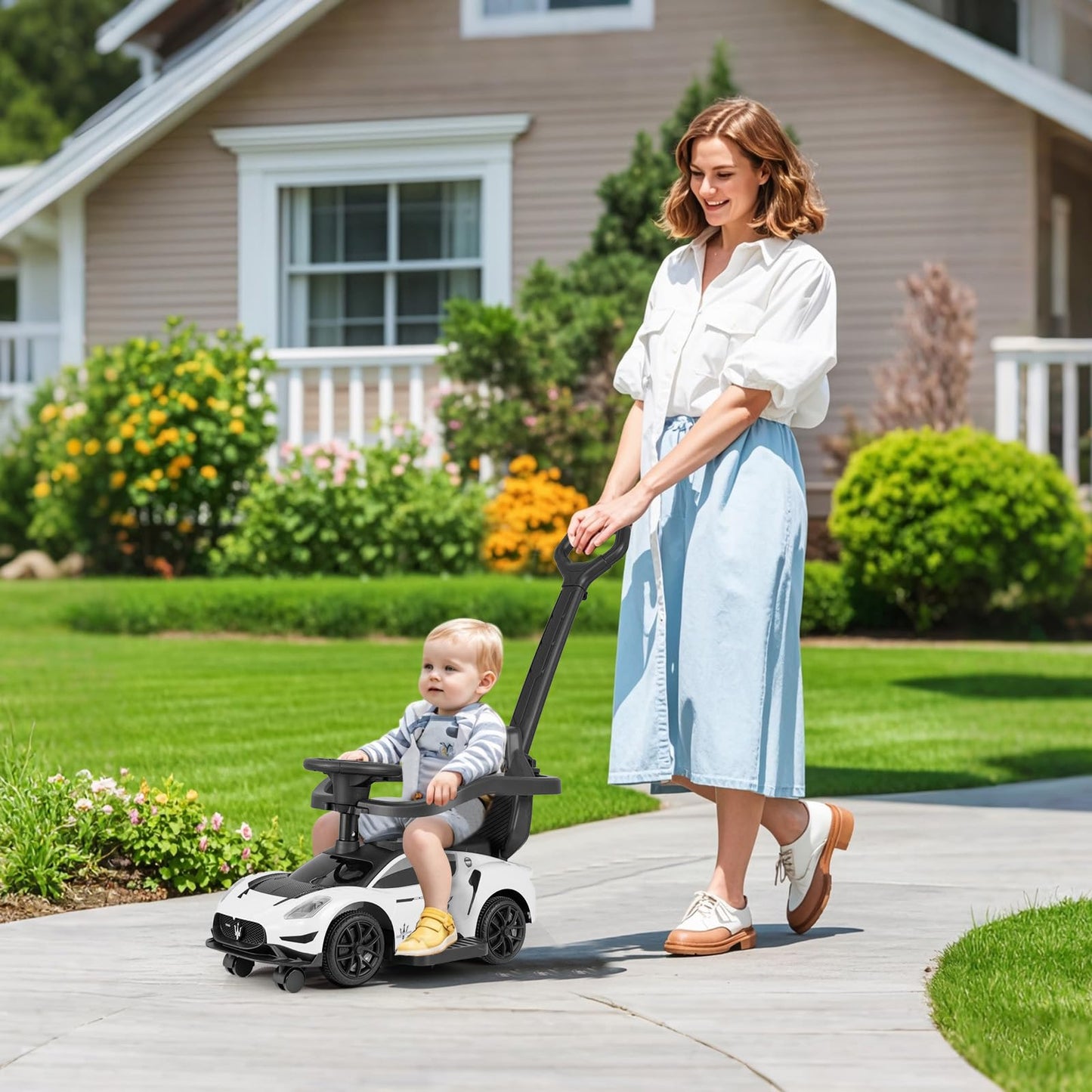 OLAKIDS 3 in 1 Ride on Push Car, Licensed Maserati Baby Sliding with Removable Parent Control Handle, Universal Wheels, Safe Gua