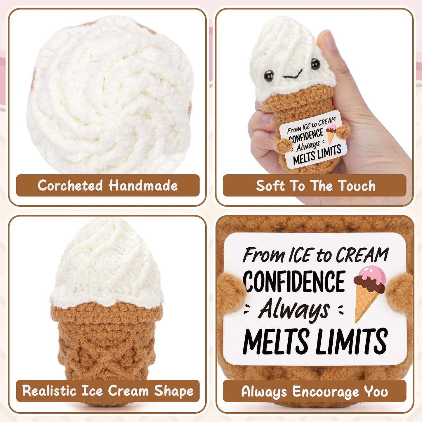 A AIFAMY Funny Positive Ice Cream, Emotional Cute Crochet Toy with Positive Card Cheer Up Funny Gifts for Best Friend Birthday H