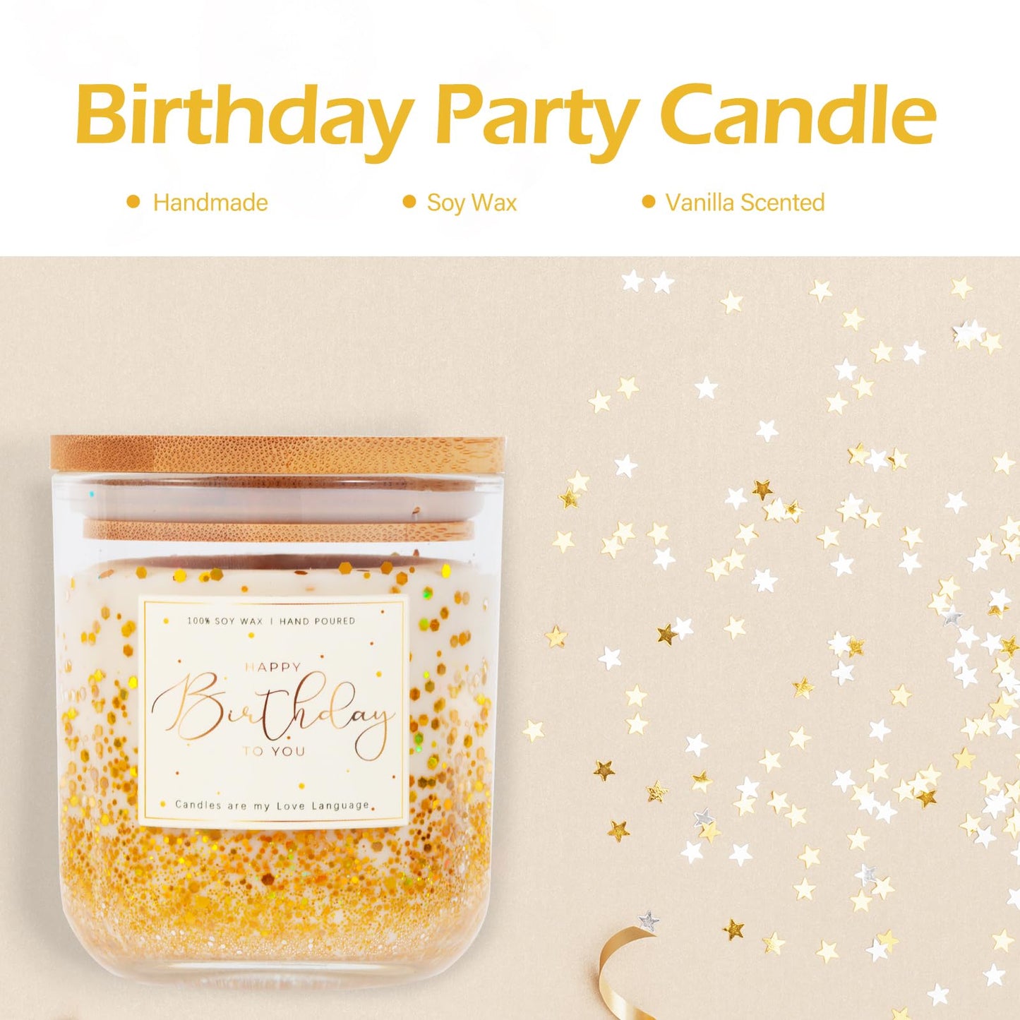 Birthday Gifts for Women-11oz Vanilla Scented Candle with Golden Glitter, Unique Birthday Gifts for Friends, Bestie, Mom, Sister