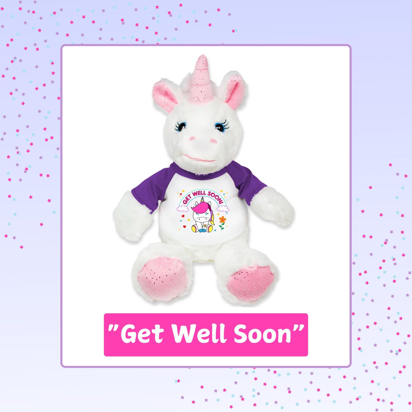 Flutter Hut Get Well Soon Unicorn Plush Pink Sparkles Message T-Shirt Purple Sleeves 8 Inches