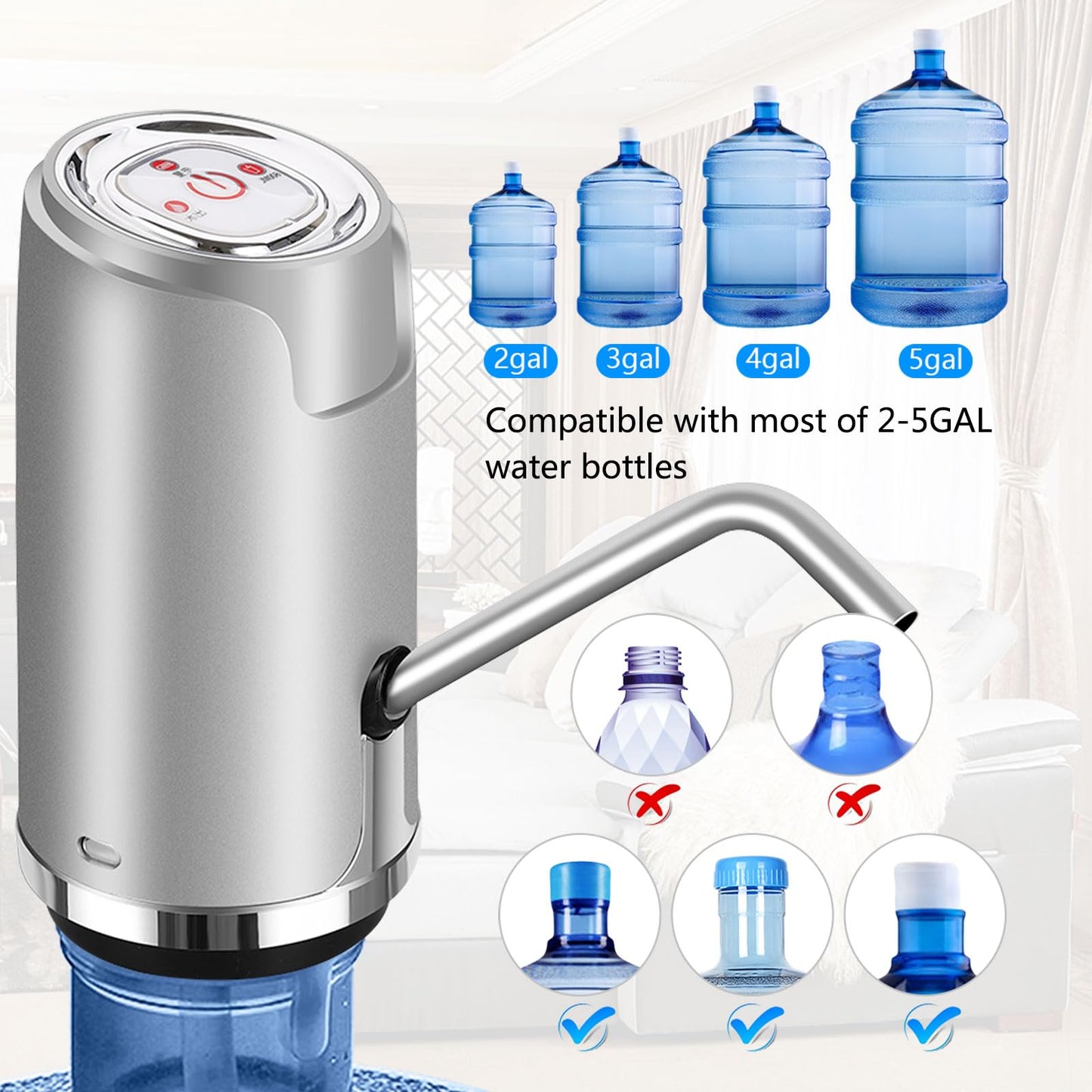 Water Pump For 5 Gallon Bottle, Electric 5 Gallon Water Dispenser Universal Usb Charging Drinking Water Bottle Pump(Silver)
