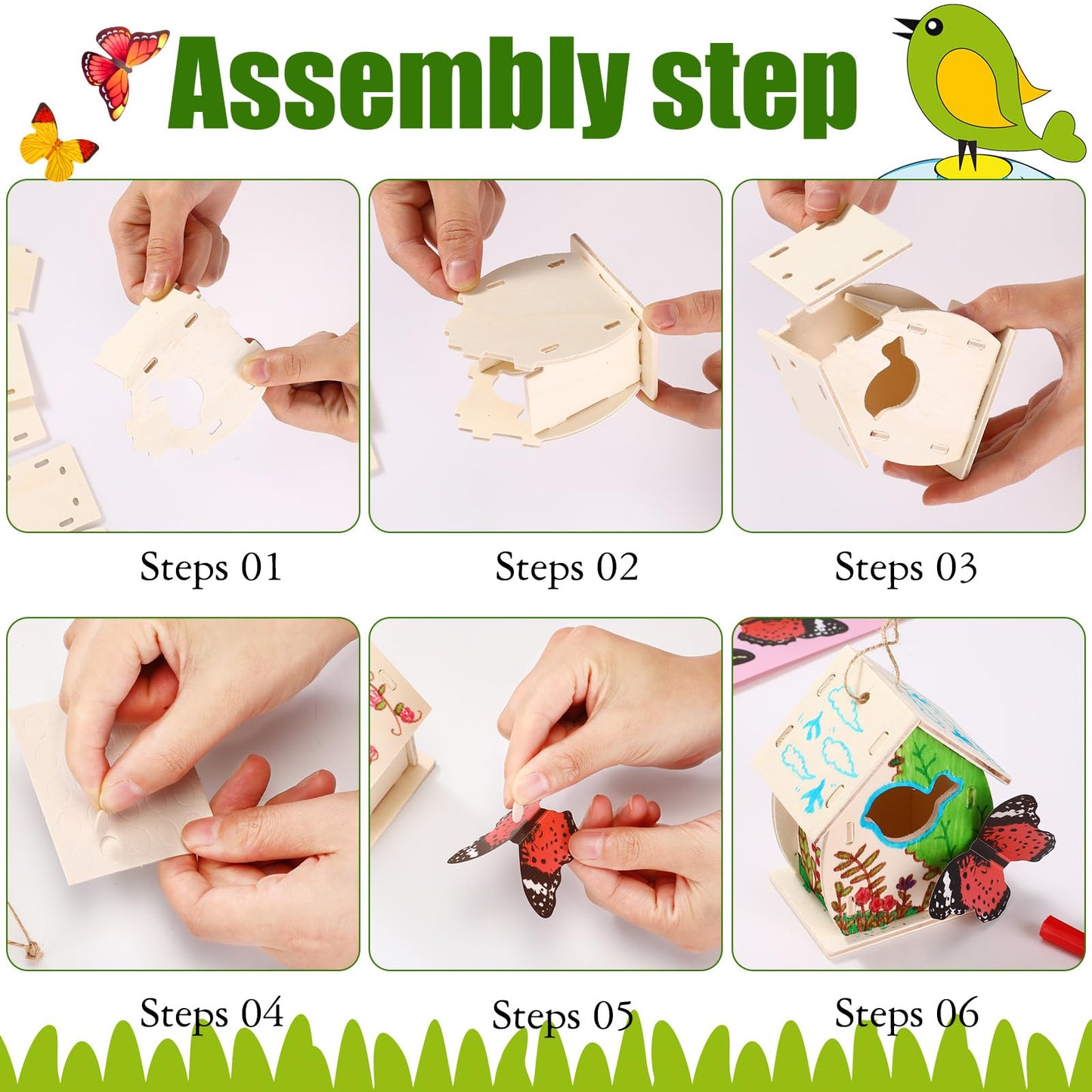 Outus 12 Pcs Wooden Birdhouse Craft Kits to Build, 4 Shapes Wooden Unfinished Bird House with Watercolor Pen and Butterfly Stick