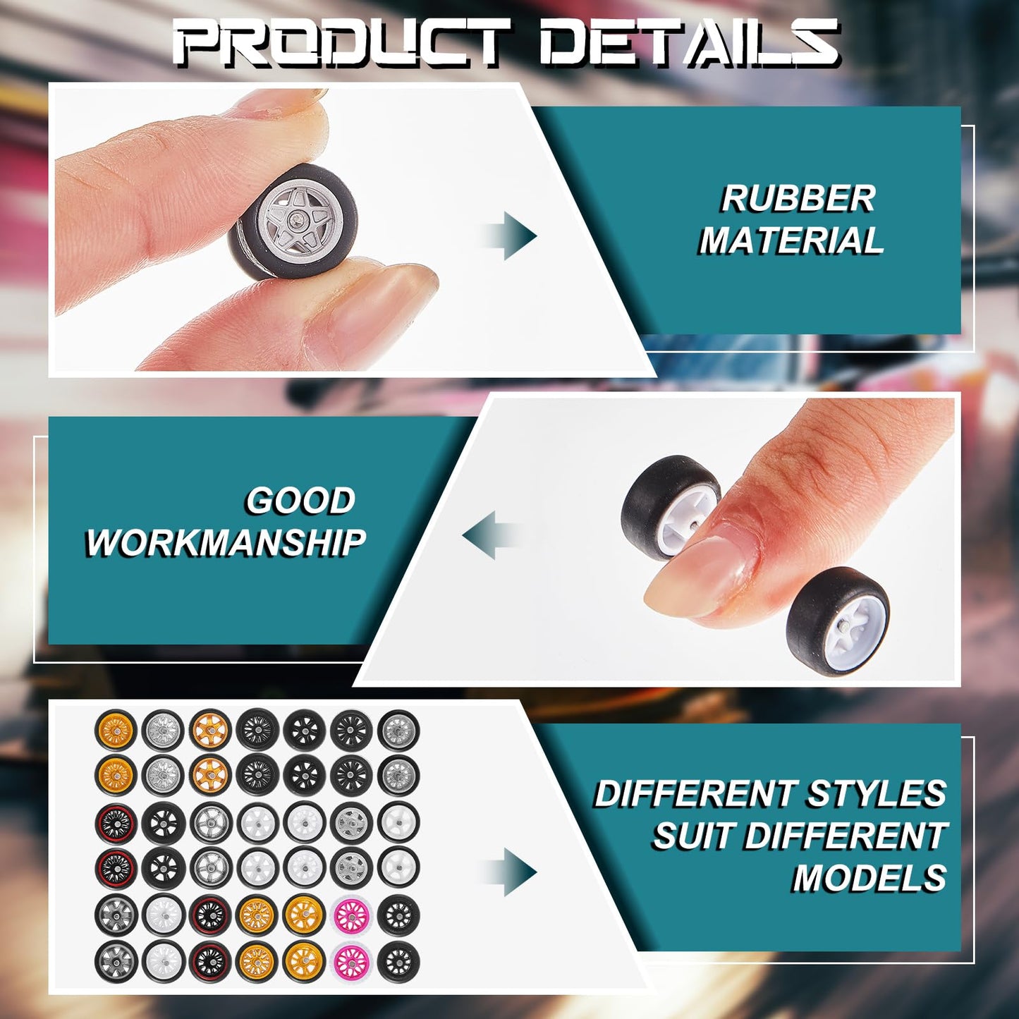 Poen 21 Sets Model Car Replacement Wheels 1: 64 Wheels 1/64 Scale Wheels Rubber Tires for Model Cars Rims Accessories, Mixed Sty