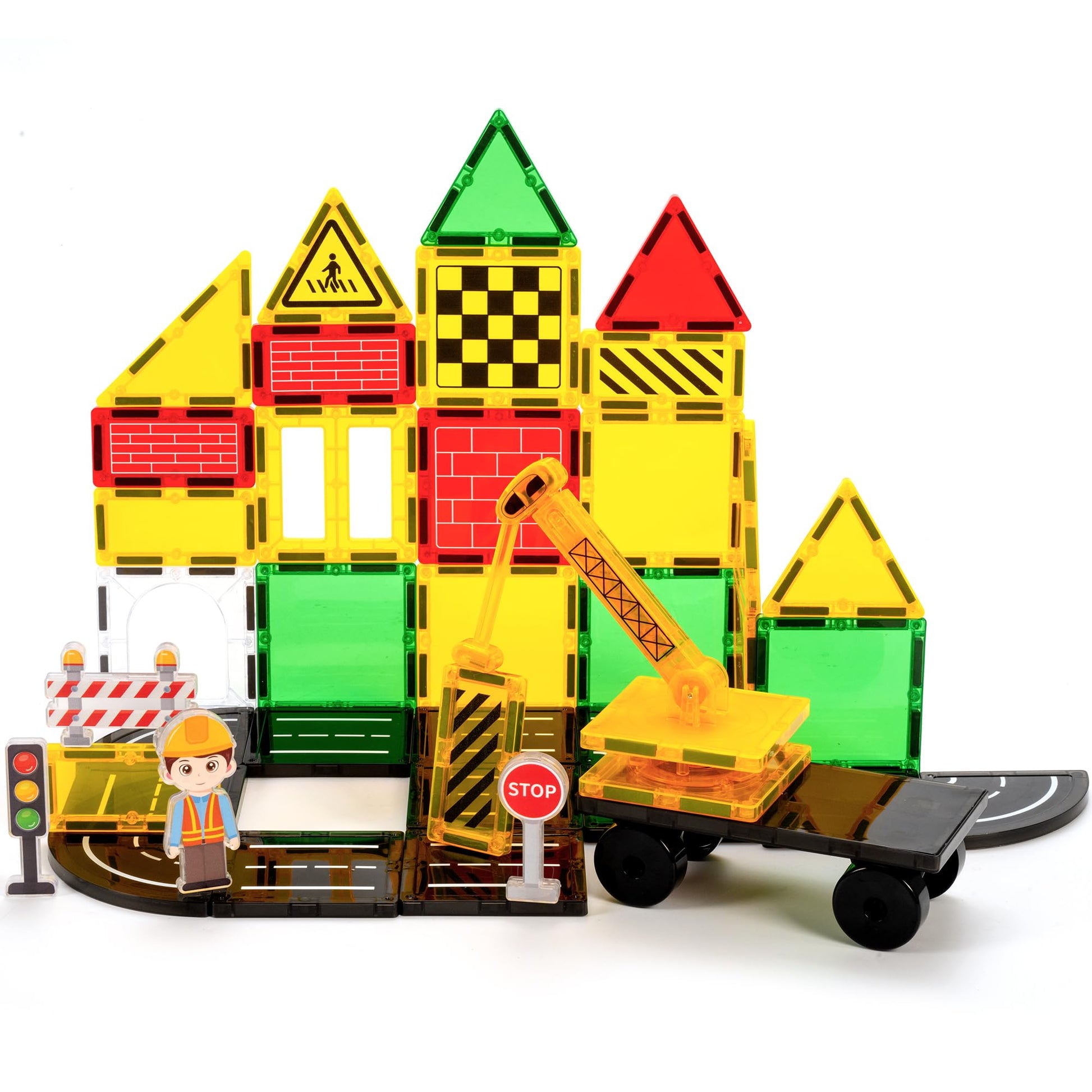 cossy Magnetic Tiles Road Set, Magnet Tiles with Mobile Crane, Magnetic Tiles for Kids Ages 4-8, STEM Toys, Magnet Blocks for Bo
