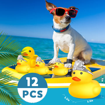 Chivao 12 Pcs Rubber Ducks With 12 Sunglasses/ Hats/ Headwear/ Scarf Small Cruise Ducks In Bulk Mini Rubber Duckies Bathtub Toys For Valentine'S Day Gift Hide(Yellow, Duck With Crown)