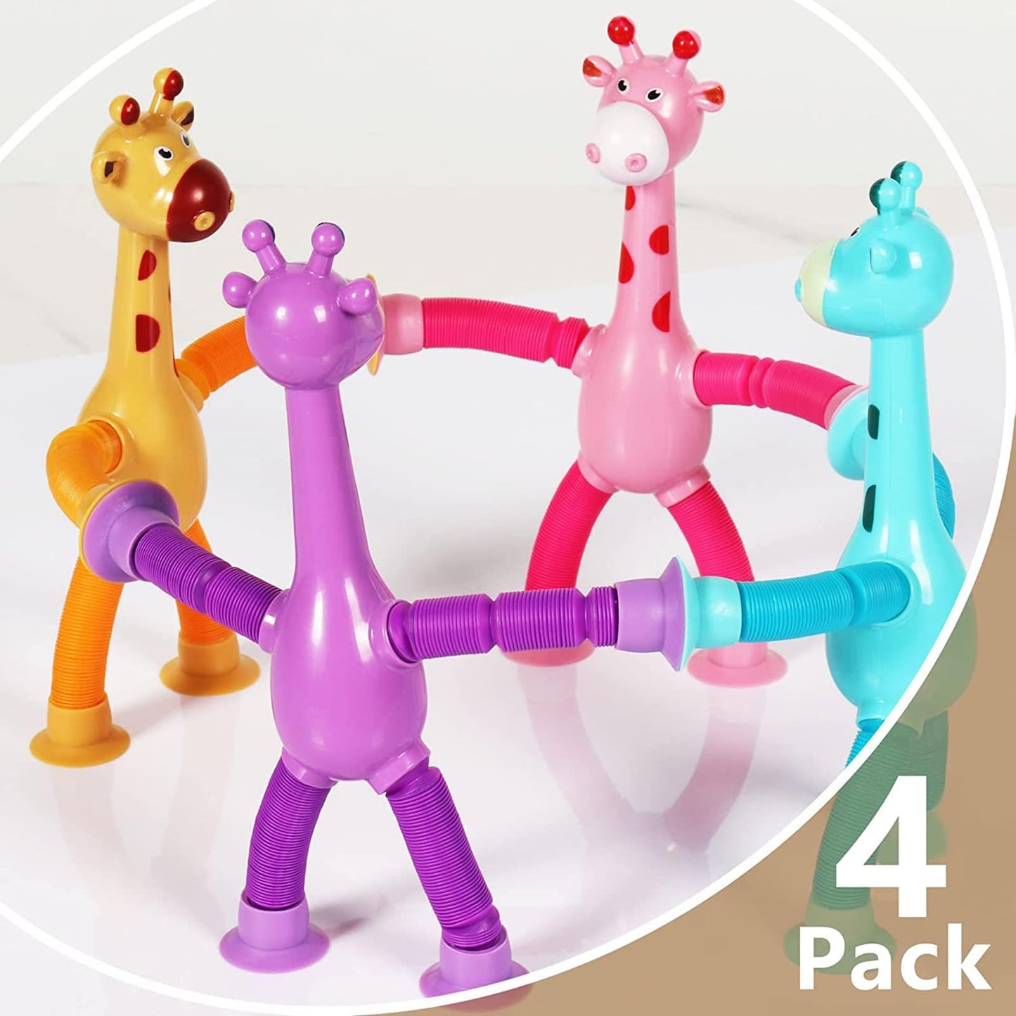 Bendable Giraffe Figures, Set Of 4 Flexible Giraffes, Telescopic Suction Cup Giraffe Toy, Telescopic Pop Tubes, Fidget Tubes Sen