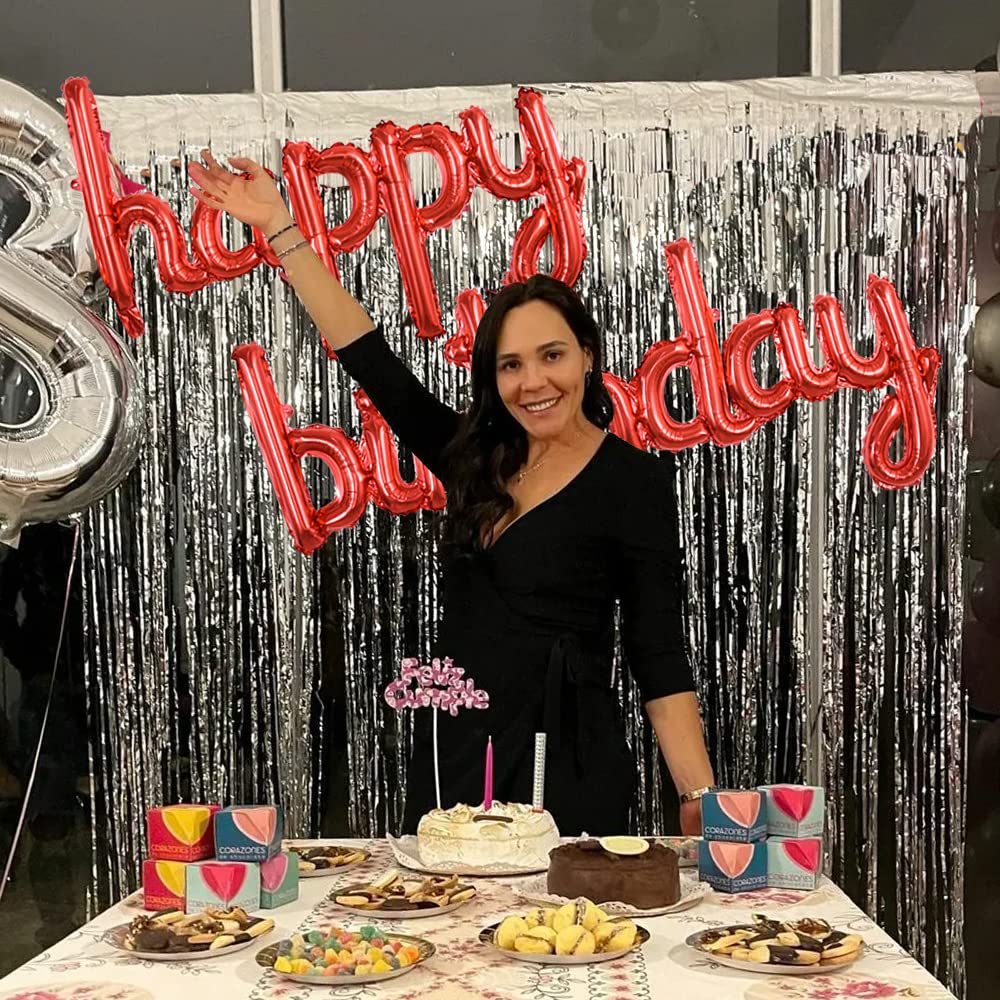 Toniful Red Happy Birthday Balloons Banner, 16 Inch Mylar Foil Script/Cursive Letters Birthday Sign Banner Balloon Reusable Mate