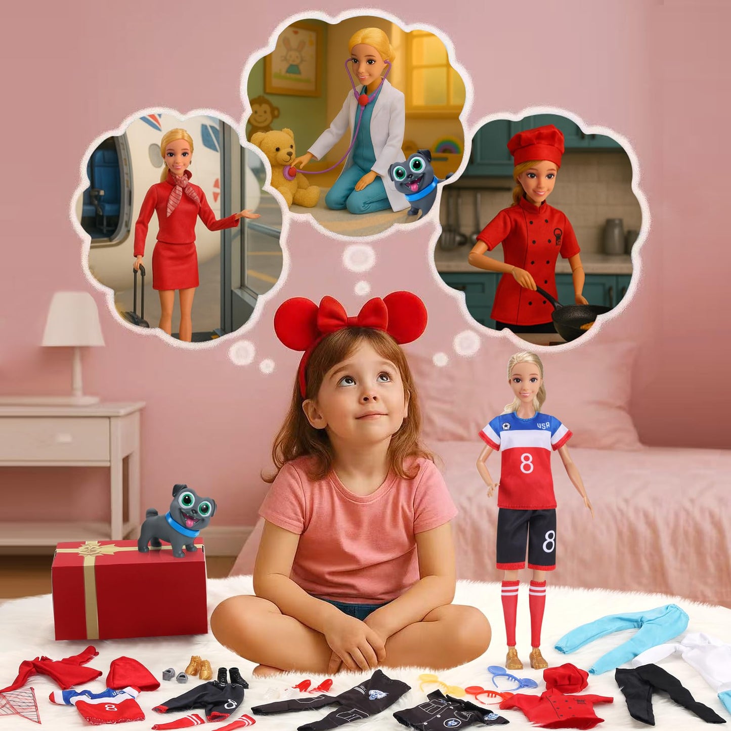 11.5-Inch Themed Doll Clothes & Accessories - Educational Role Play Gift Set for Girls with 5 Outfits(Doctor, Flight Attendant,