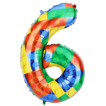 32 Inch Building Block Number Balloon, Colorful Number Block Foil Balloons Helium Balloon Numbers For Birthday Brick Theme Party Decorations (Number 6)