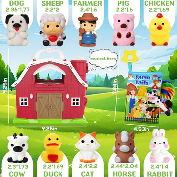 Kimicare Musical Red Barn Toy Farm Animal Finger Puppets, Small 4.52" Plastic Figures with Farm Baby Book, Perfect for Ages 3-5, Red
