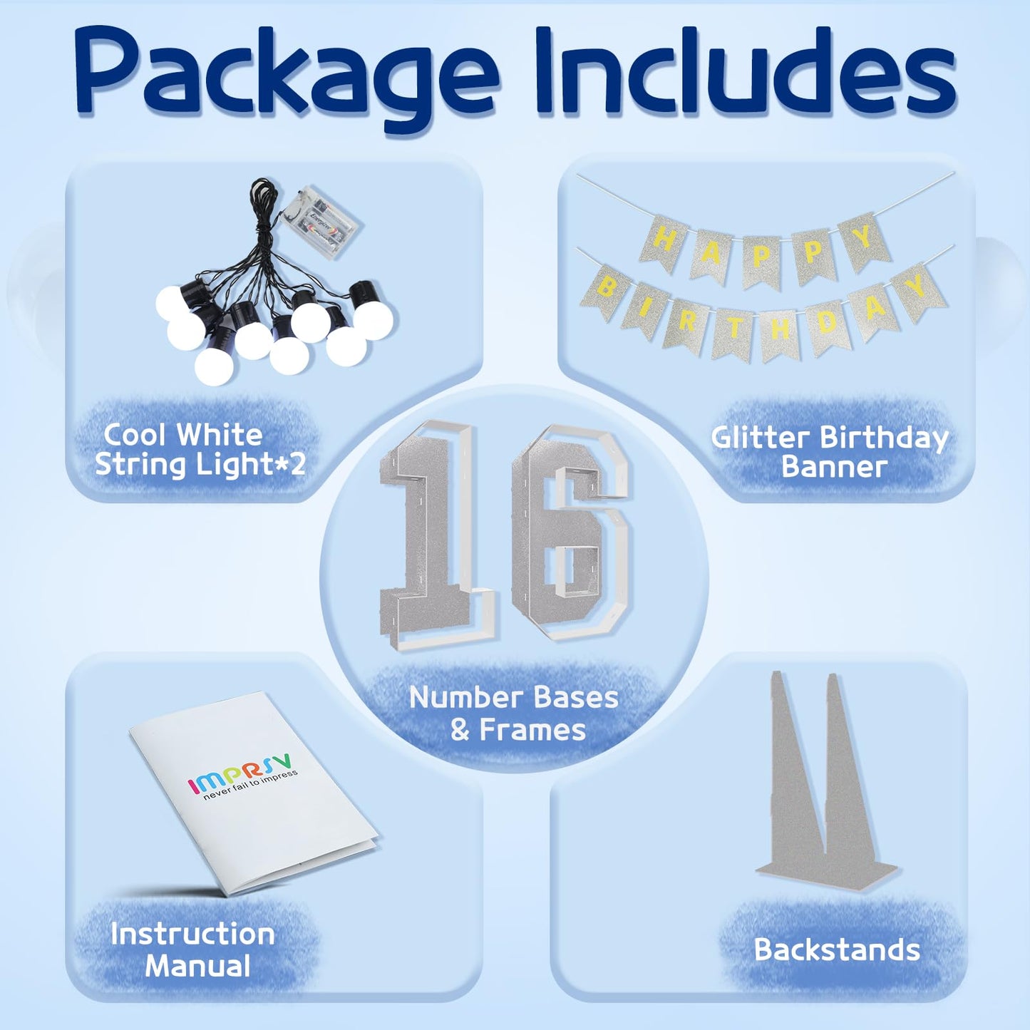 Imprsv Marquee Numbers Silver 16Th-Birthday Decorations: Large 3Ft Light Up Number Grey Sweet 16 Party Decoration For Boy Girl S