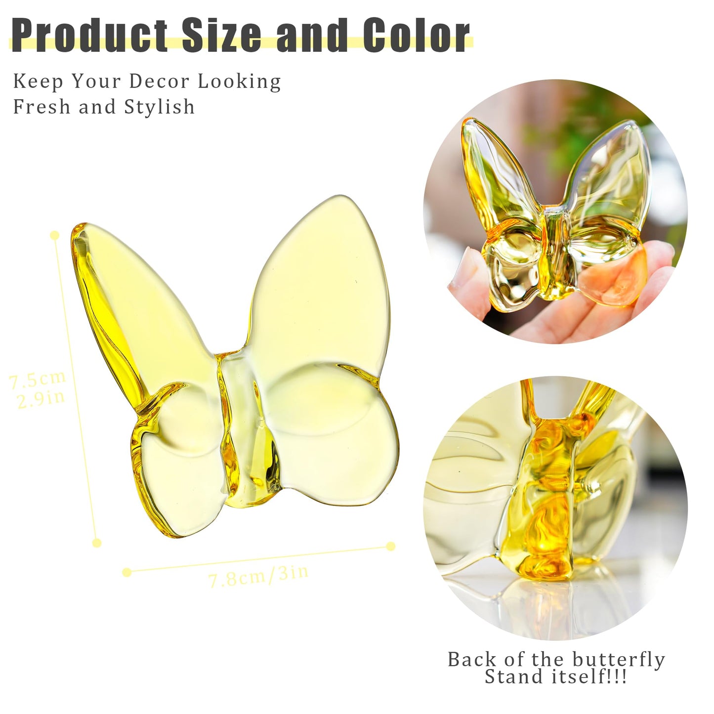 Kanpura Yellow Crystal Flying Butterfly Figurine,Glass Butterfly Figurine Ornament,Crystal Butterfly Collectible For Wedding Christmas Party Decor