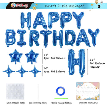 Hiparty 23Pcs Birthday Balloons Banner, 3D Blue Premium Mylar Foil Ecofriendly Letter Happy Birthday Banner With 5Pcs Star Ballo