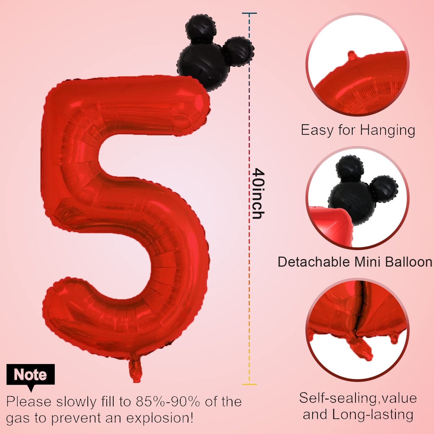 40 Inch Red Number 5 Balloon & Mini Mouse Head Balloon, 5Th Birthday Party Decoration Balloons, Cartoon Mouse Birthday Party Sup