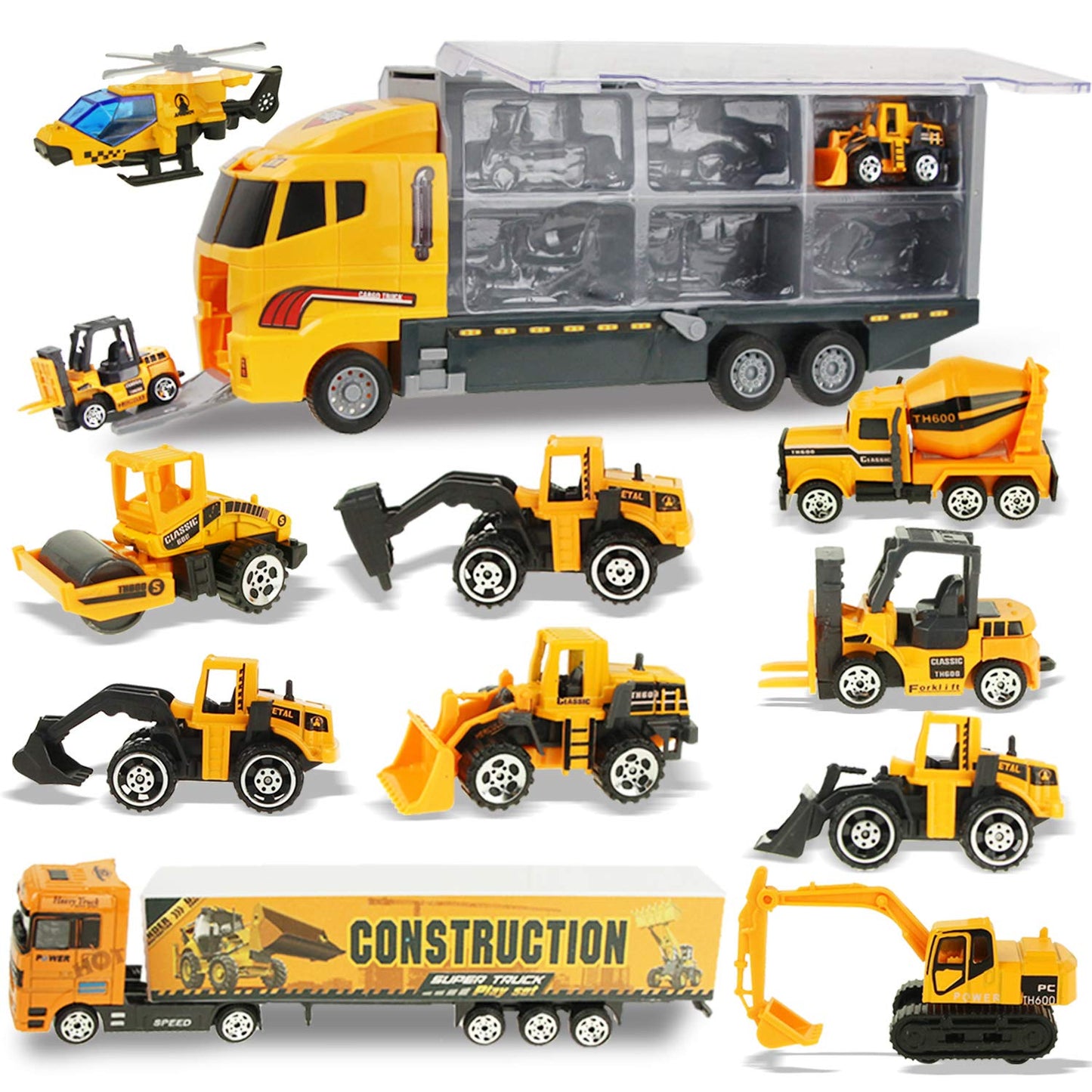 Joyfia Toys for Boys, 11 in 1 Engineering Die-cast Construction Car Toddler Toys, Excavator Dumper Bulldozer, Kids Transport Car