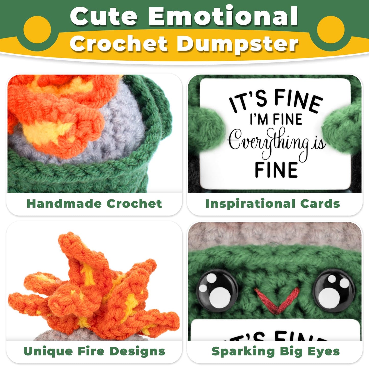 A Aifamy Crochet Fire With Legs, Handmade Energy Dumpster Doll With Positive Card For Friends Funny Birthday Gag Gifts (Green)