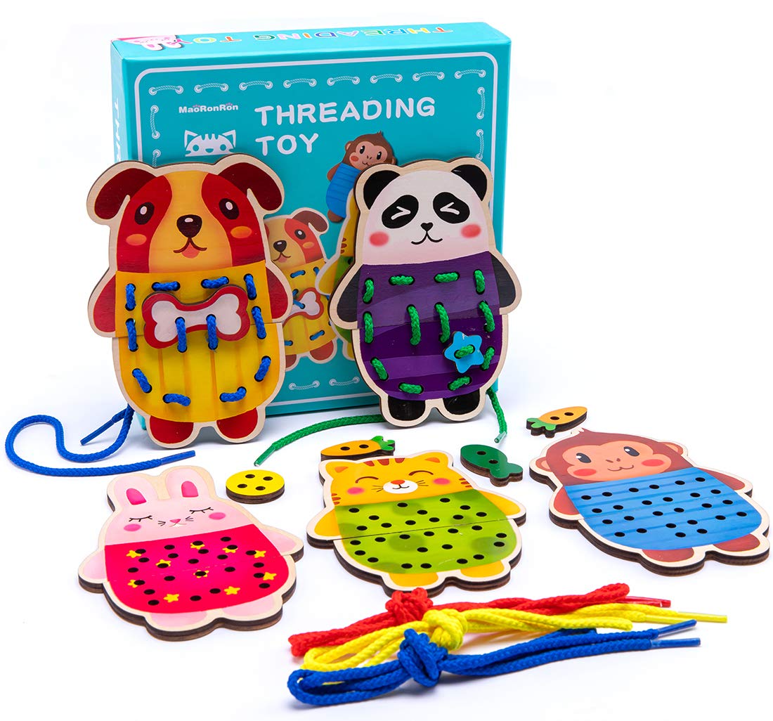 Promise Babe 5 Pack Animals Lacing Cards Wood Block Puzzle Threading Toys Montessori Toy Sewing Cards For Toddler Educational Pr