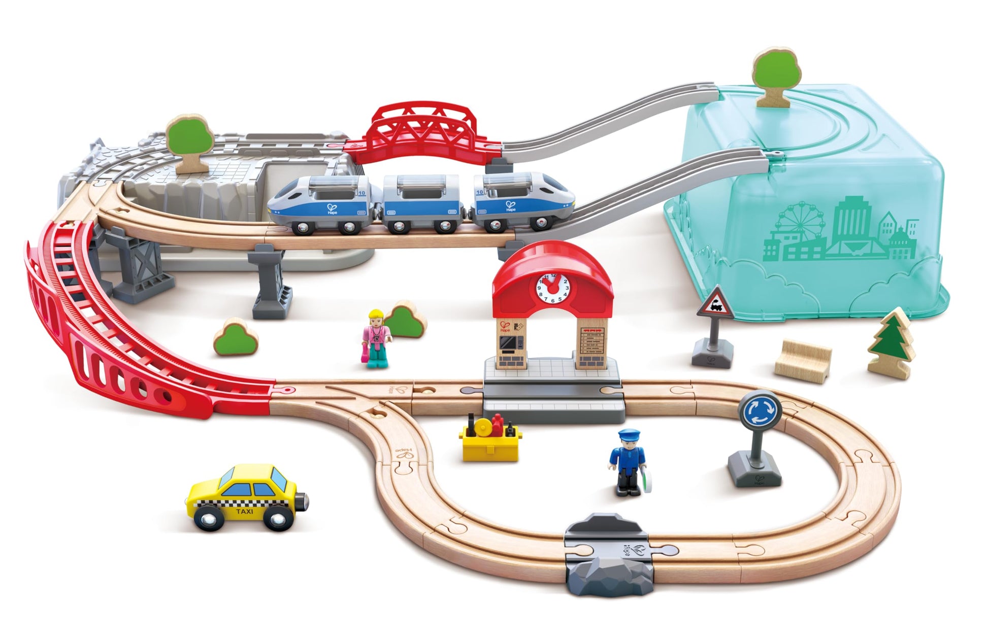 Hape City Railway and Train Bucket Set Toy with Hoisting Magnetic Crane for Trains, Trucks, and Cargo for Kids Ages 3 and Up, Mu