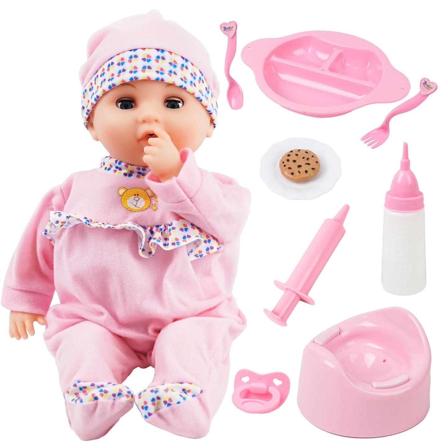 Toy Chois 16 Inch Interactive Baby Doll Pink - Talking Feeding Dolls with Different Sounds and Accessories, Pretend Play Presch
