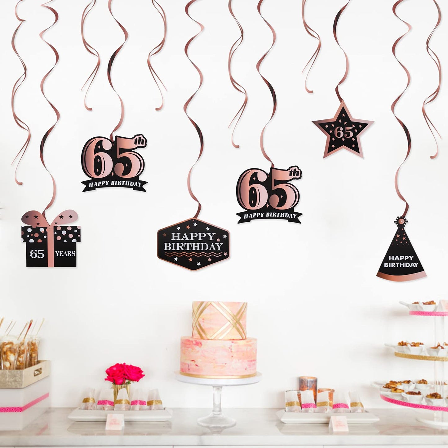 LINGTEER Happy 65th Birthday Rose Gold Swirls Streamers - Cheers to 65th Birthday 65 Years Old Bday Party Hanging Decorations.