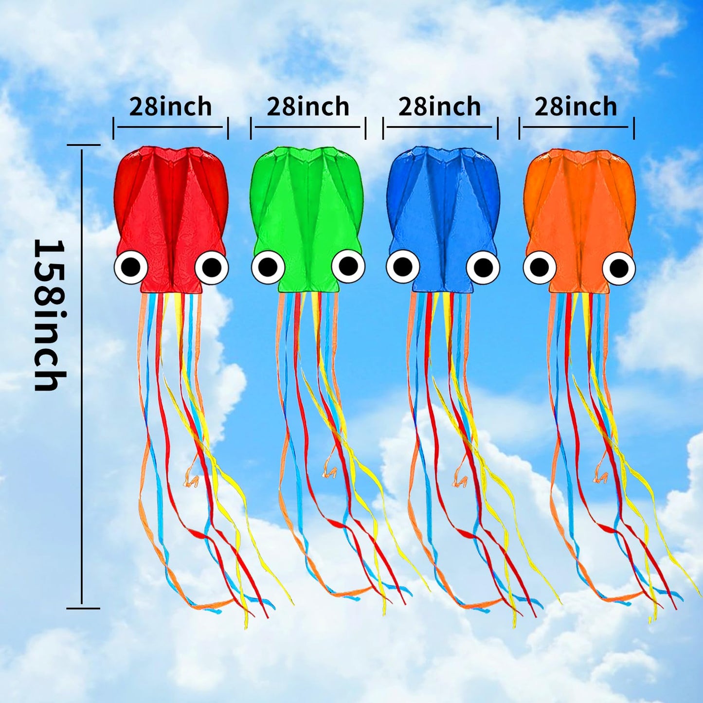 Kaiciuss 4 Pack Octopus Kites For Kids & Adults Easy To Fly, 24”X 158” Large Soft Kite Kit For Boys And Girls, Single Line 3D Beach Kite Set For Teens, It Comes With 4 X 300Ft Kite Handles