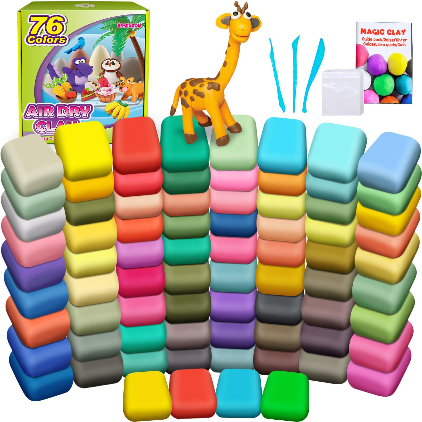 Essenson Air Dry Clay 76 Colors, Modeling Clay For Kids, Diy Molding Magic Clay For With Tools, Toys Gifts For Age 3 4 5 6 7 8+ Years Old Boys Girls Kids